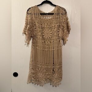 Elegant Vintage Crochet Tan Dress